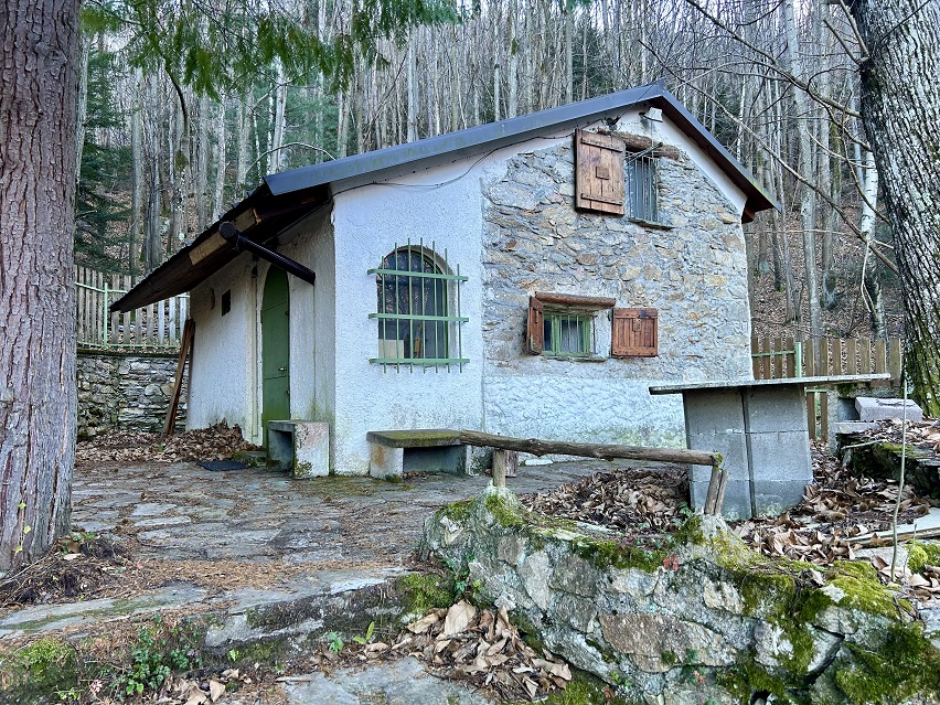 Detached house with garden and woods.